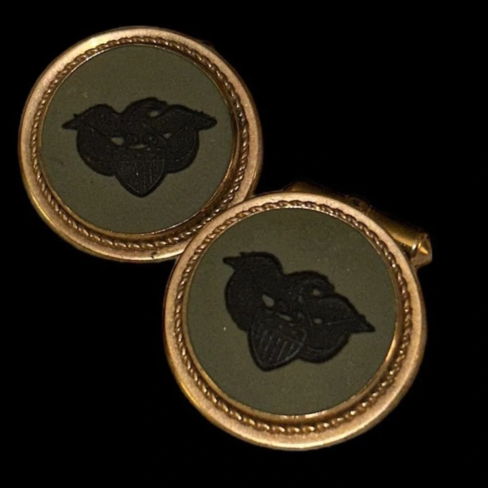 Vintage Cuff Links With Bald Eagle Insignia Green/Gold Tone Metal